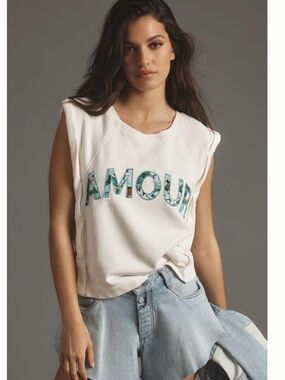 Anthropologie White Sleeveless 'AMOUR' Graphic Tank with Teal Lettering